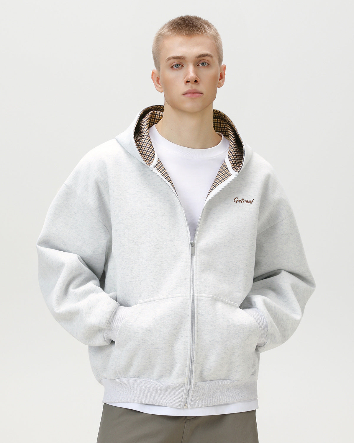 "Get Real" Geruite gevoerde Zip Hoodie Sweater