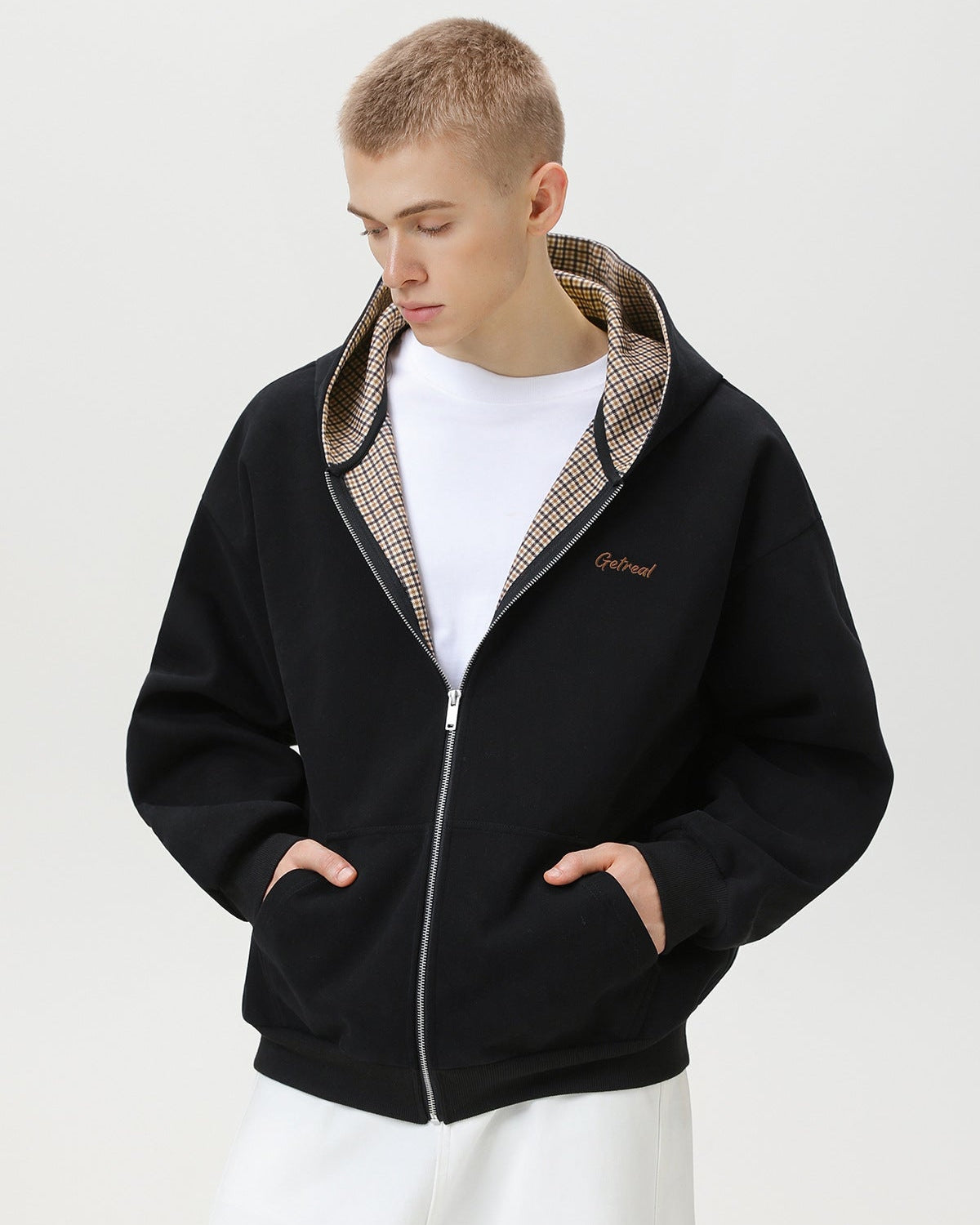 "Get Real" Geruite gevoerde Zip Hoodie Sweater