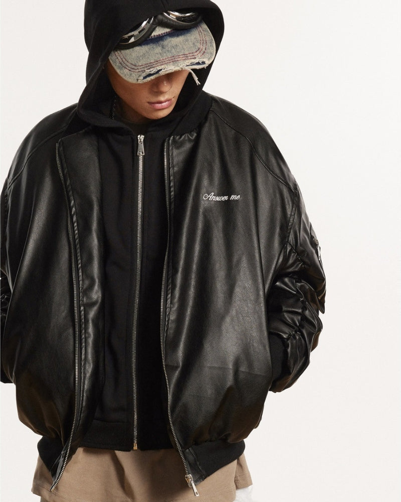 Jaqueta bomber relaxada de couro com bordado ANSWER ME