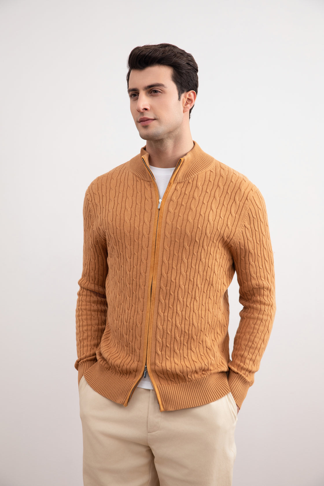 Suéter com full-zip e malha de cabos Sienna