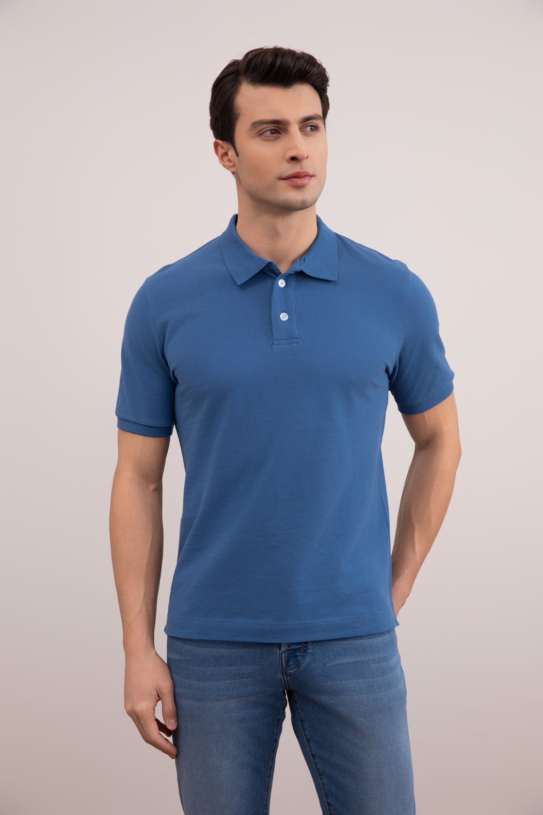 Camisa polo azul de algodão piqué