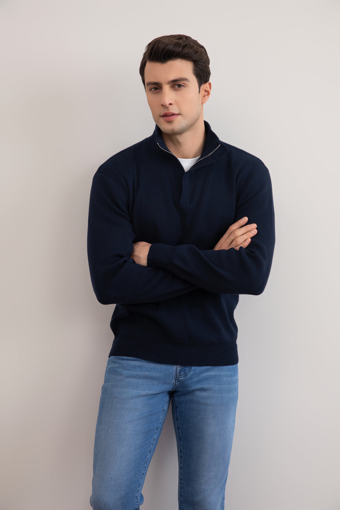 Suéter de gola alta Half-Zip íper azul-marinho