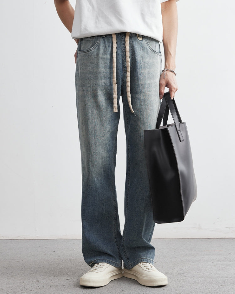 Faded Big Laces Drawstring Straight Jeans