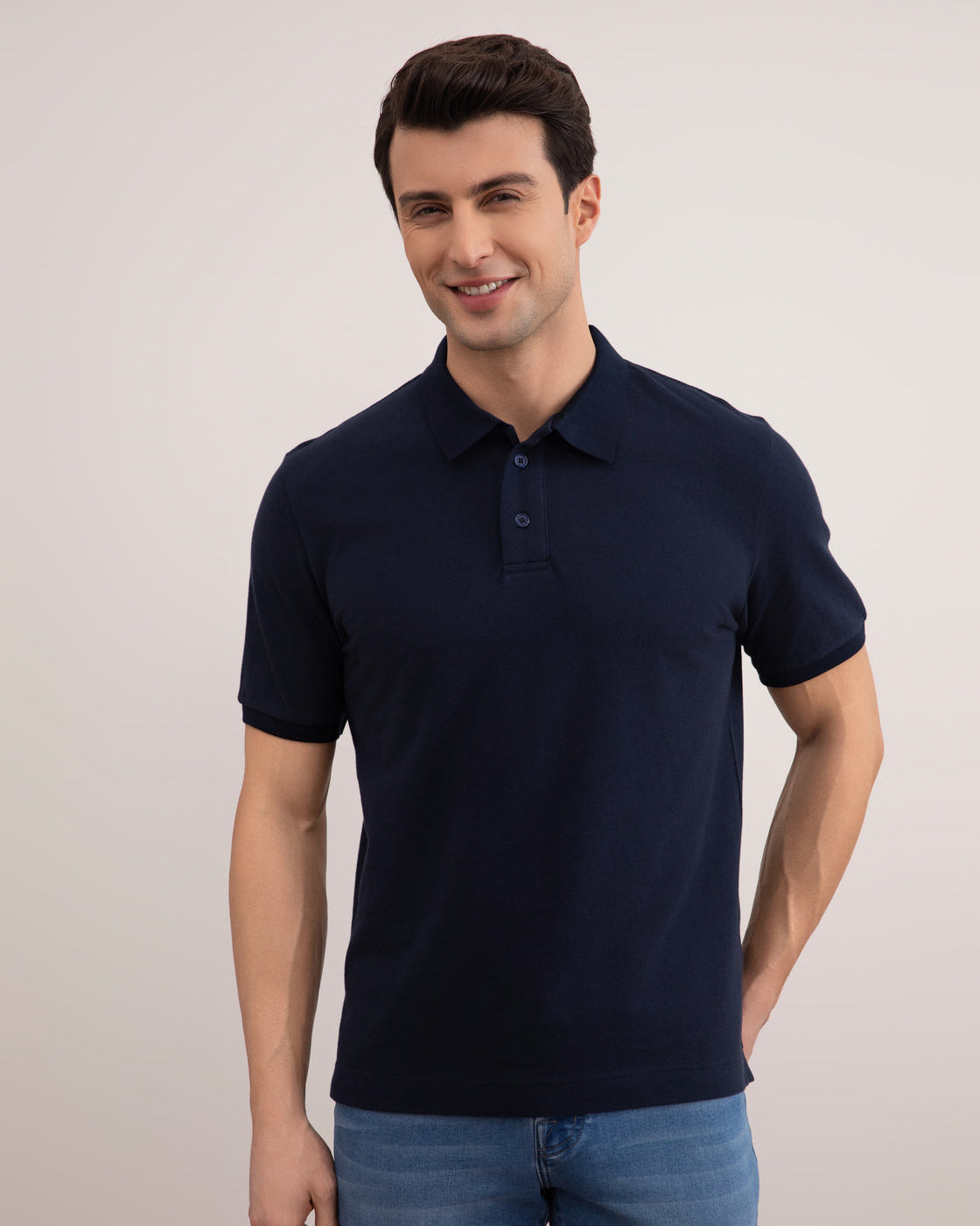 Camisa pólo em algodão piqué azul-marinho