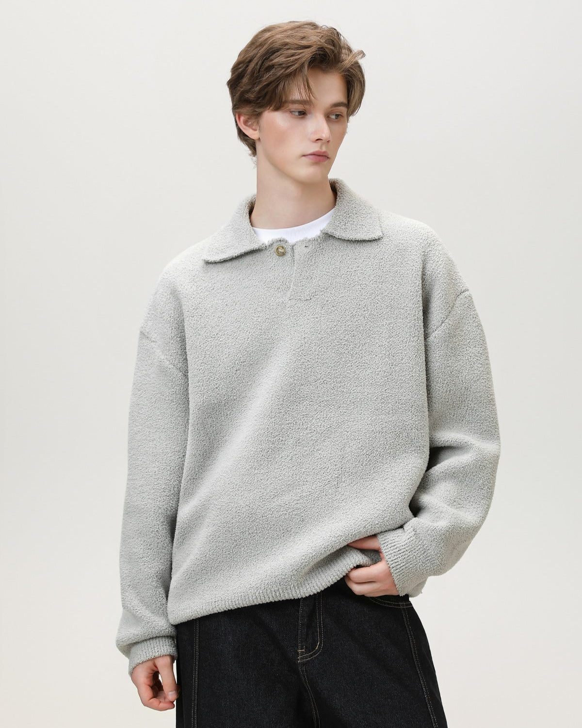 Camisola Henley com um botão e tamanho grande em malha de lã