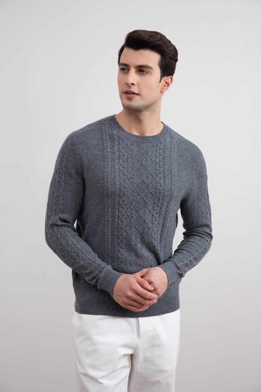 Темно-серый меланжевый кашемировый каблучный трикотаж Crewneck