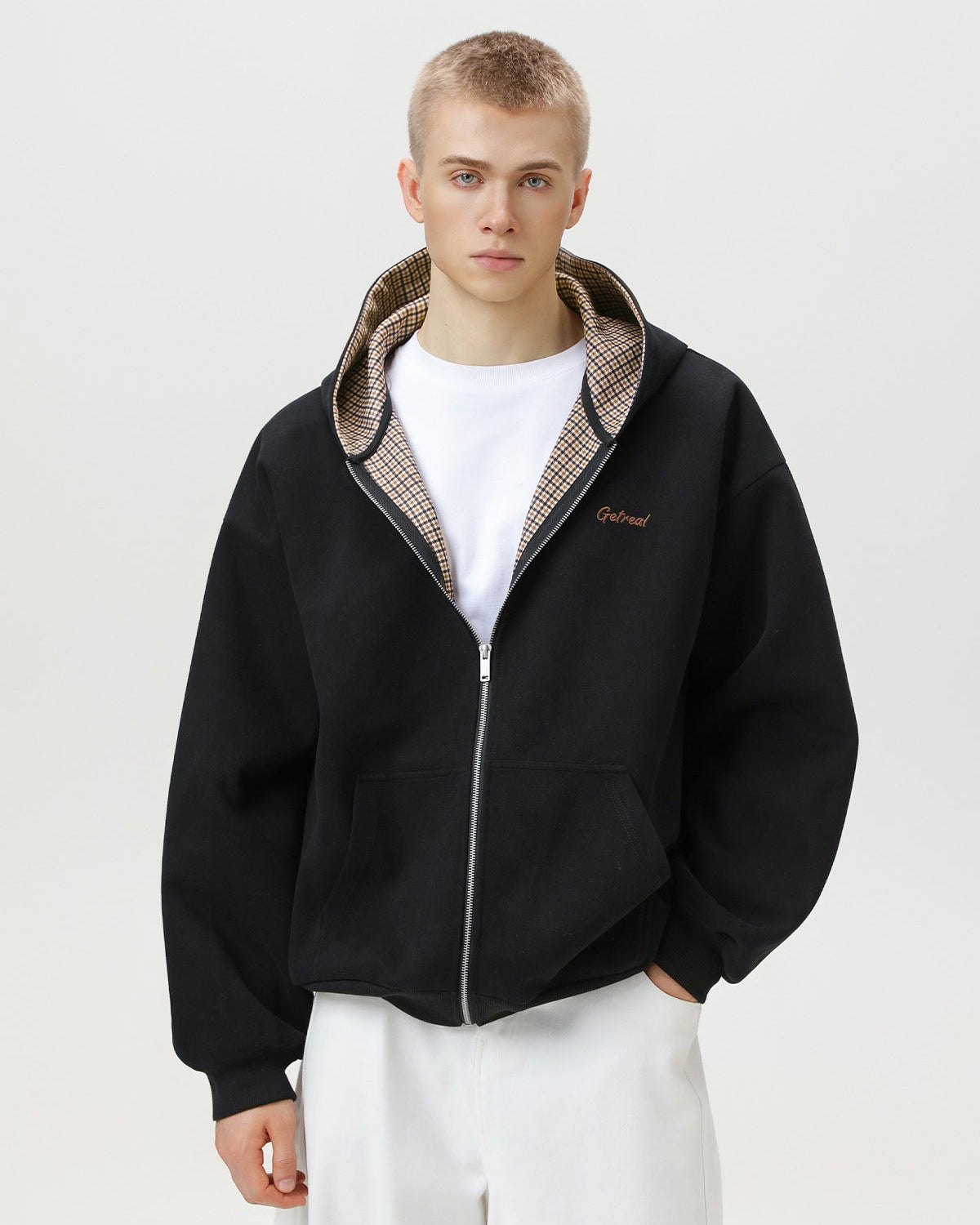 "Get Real" rutig fodrad tröja med dragkedja och huvtröja