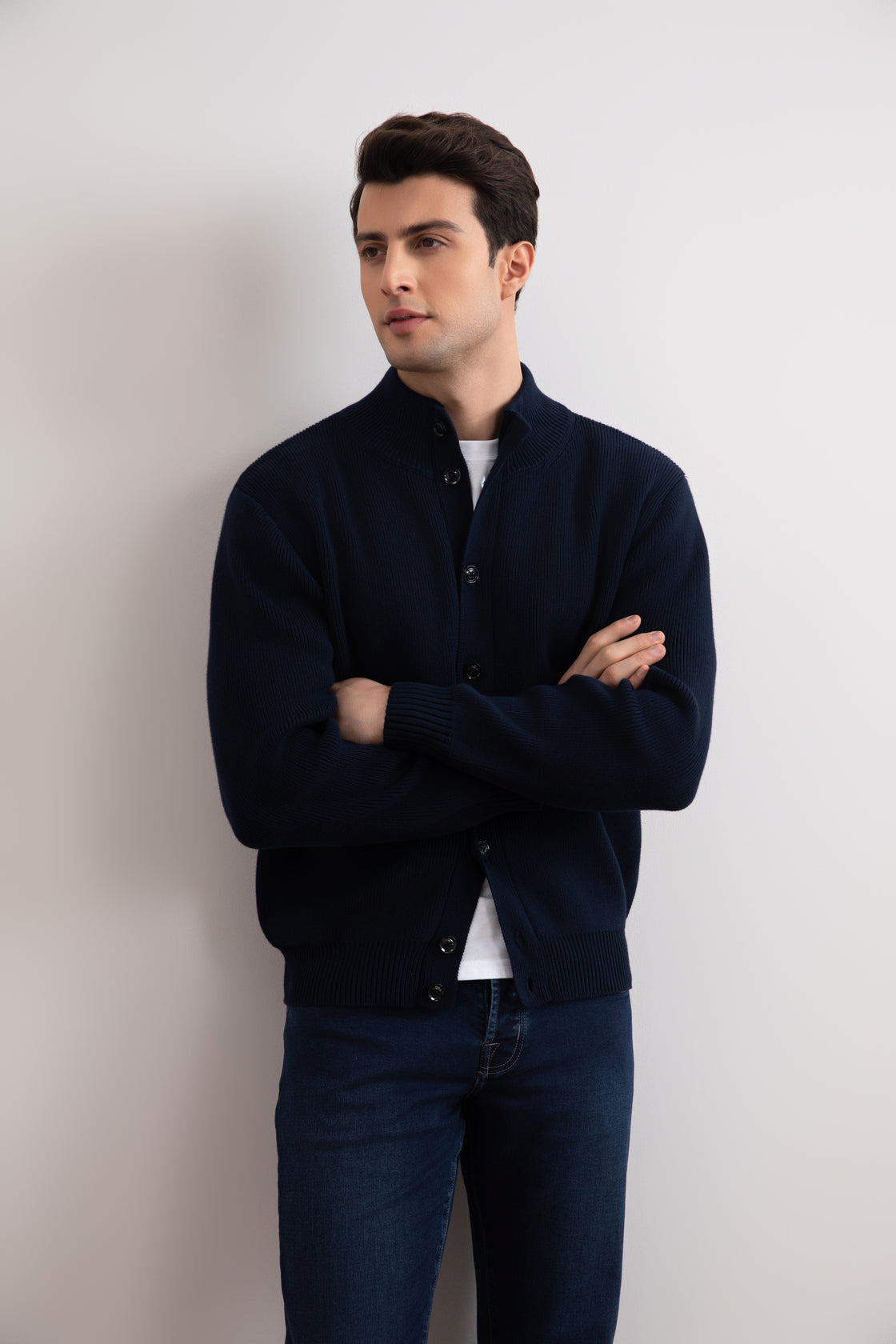 Lacivert Nervürlü Düğme Kapamalı Hırka