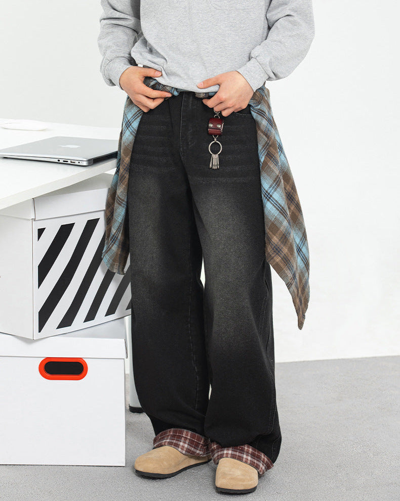 Retro Ekose Patchwork Yıkanmış Kot Pantolon