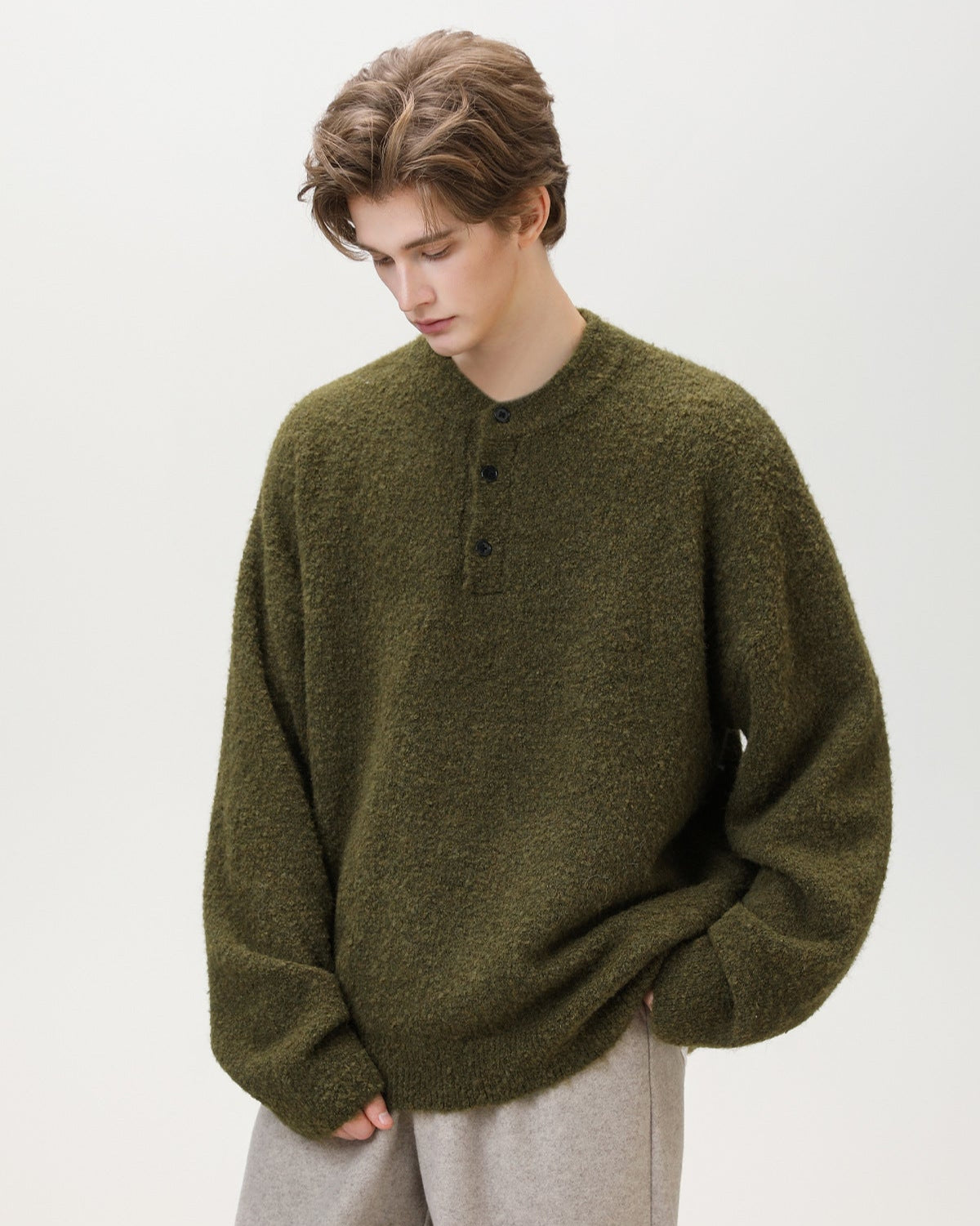 Fırçalı Henley Örgü Kazak