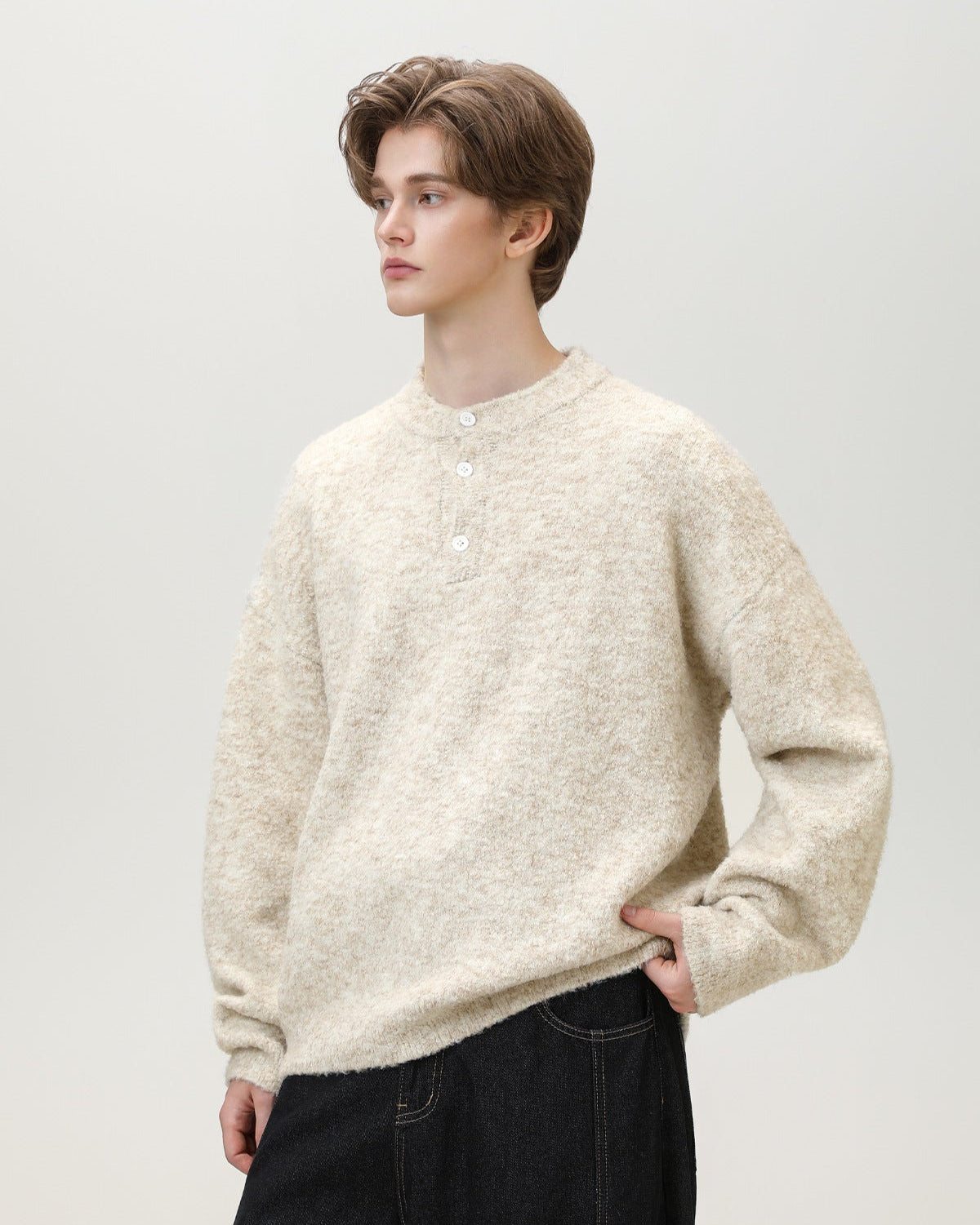 Fırçalı Henley Örgü Kazak