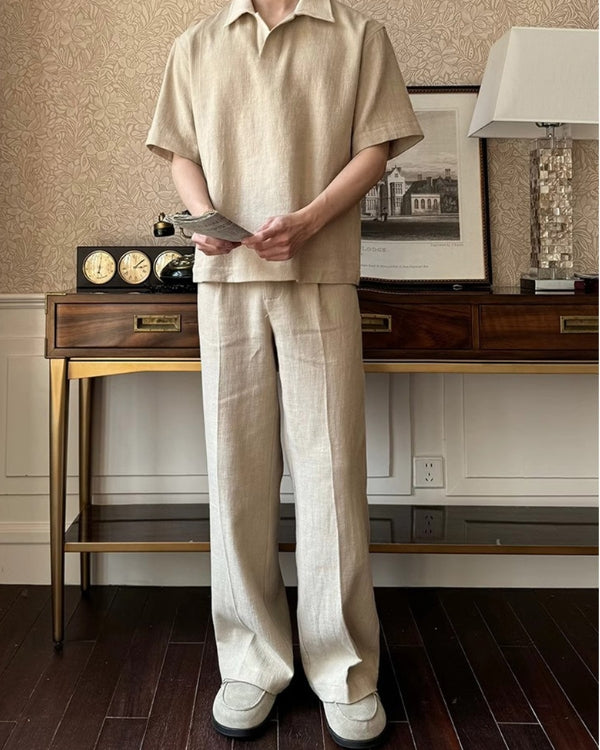 亞麻混紡開襟 Polo 襯衫