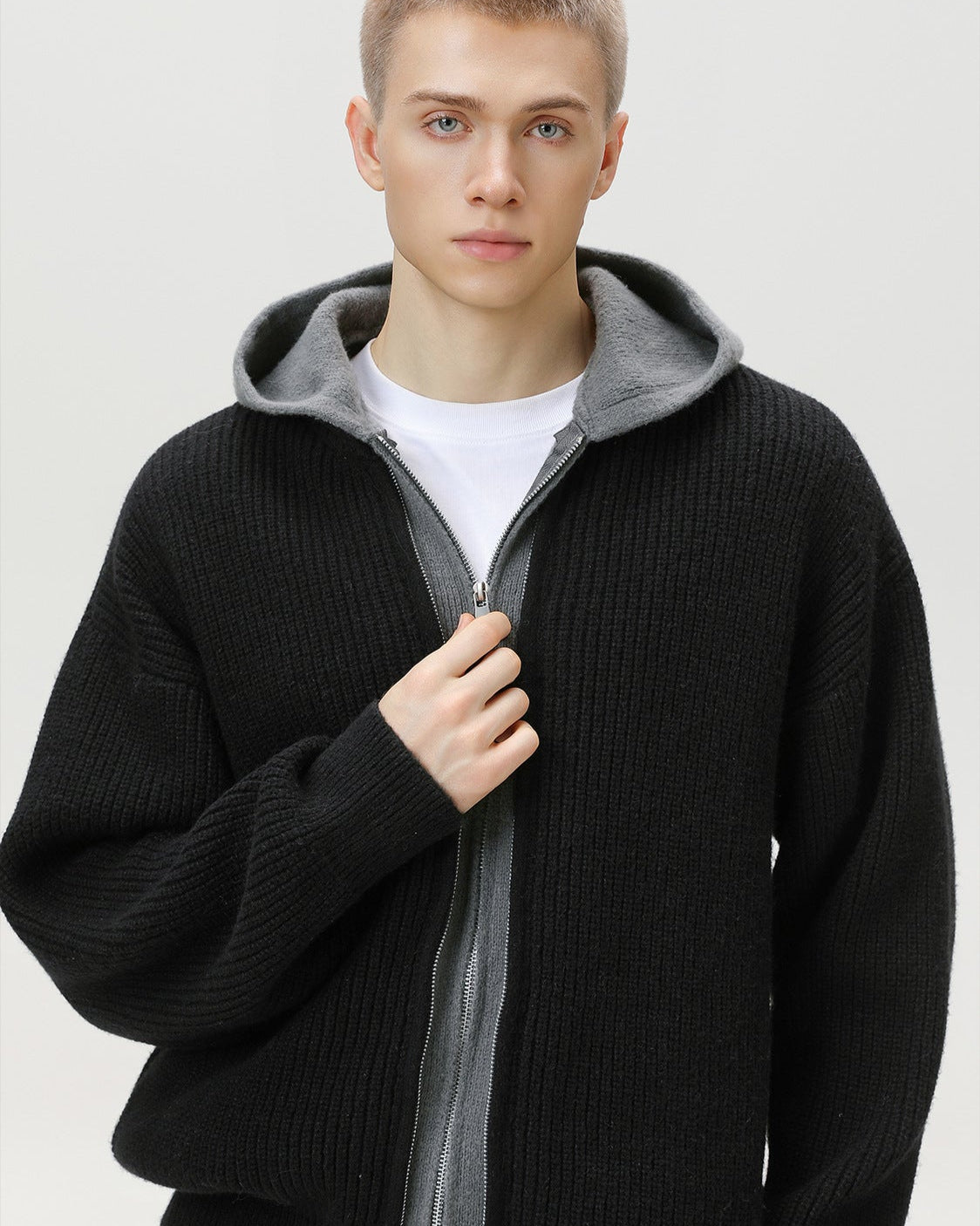 混紡拉链針織連帽外套