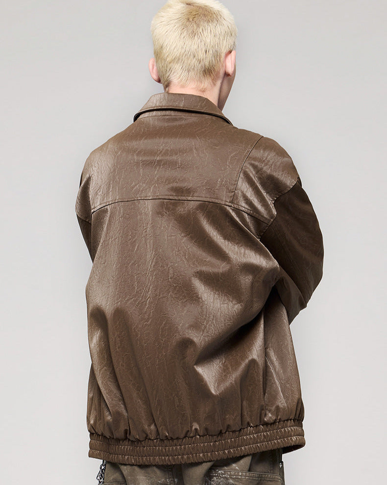 皺紋效果仿皮拉鍊外套