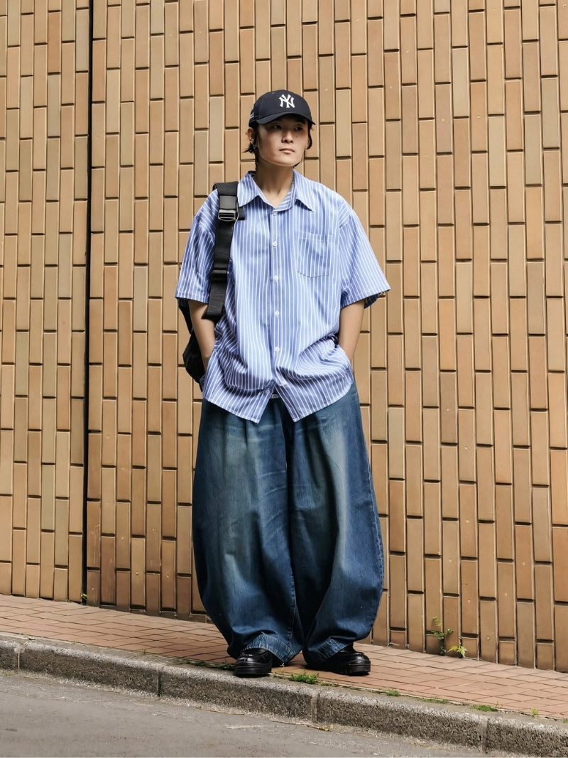 条纹亚麻宽松短袖衬衫