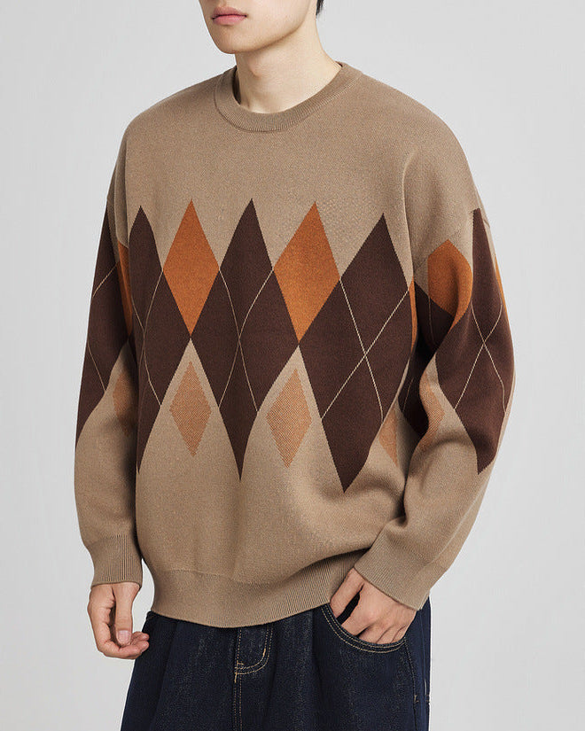 钻石格子圆领毛衣