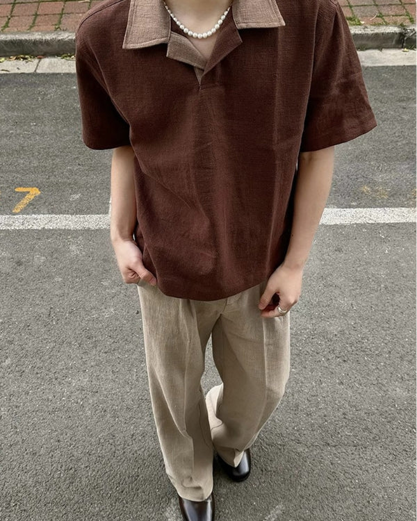 亚麻混纺开襟马球衫