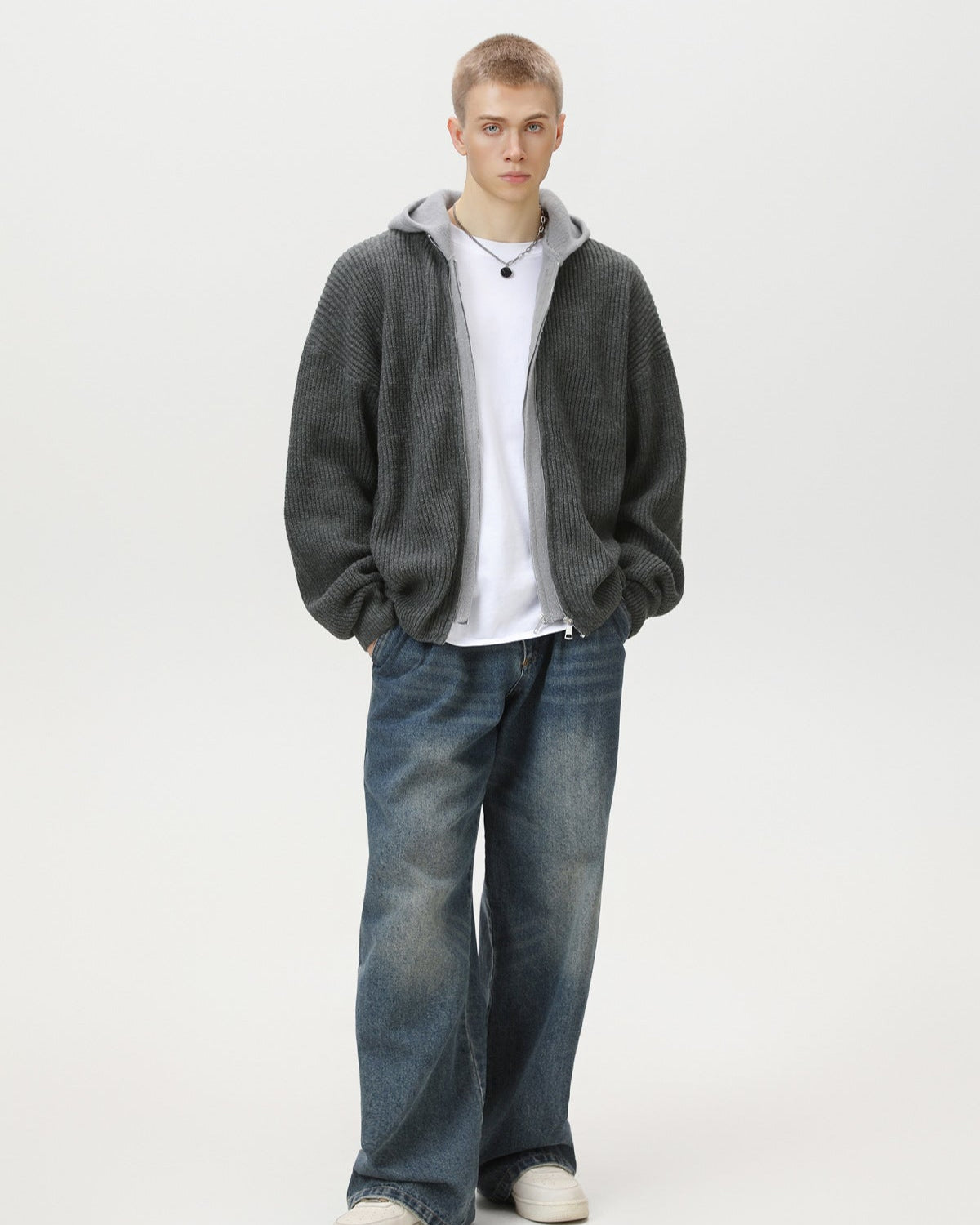 混纺拉链针织连帽外套