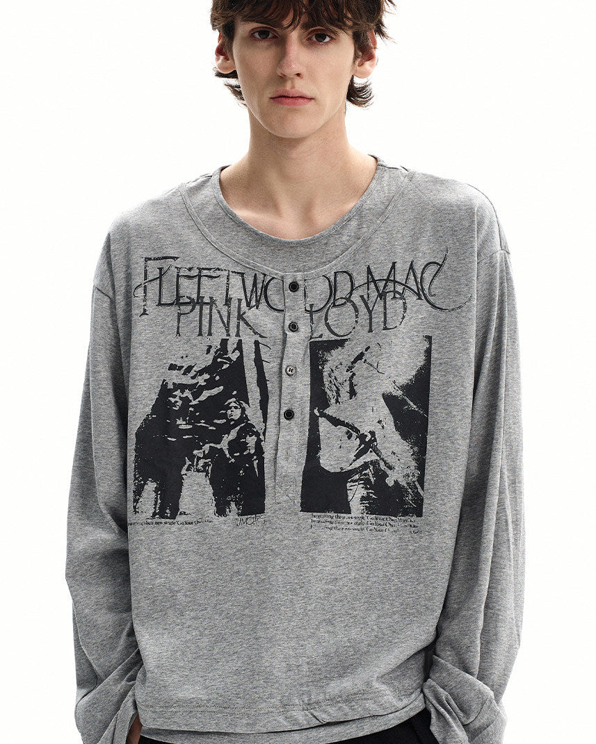 Cotton Graphic Henley Long Sleeve T Shirt