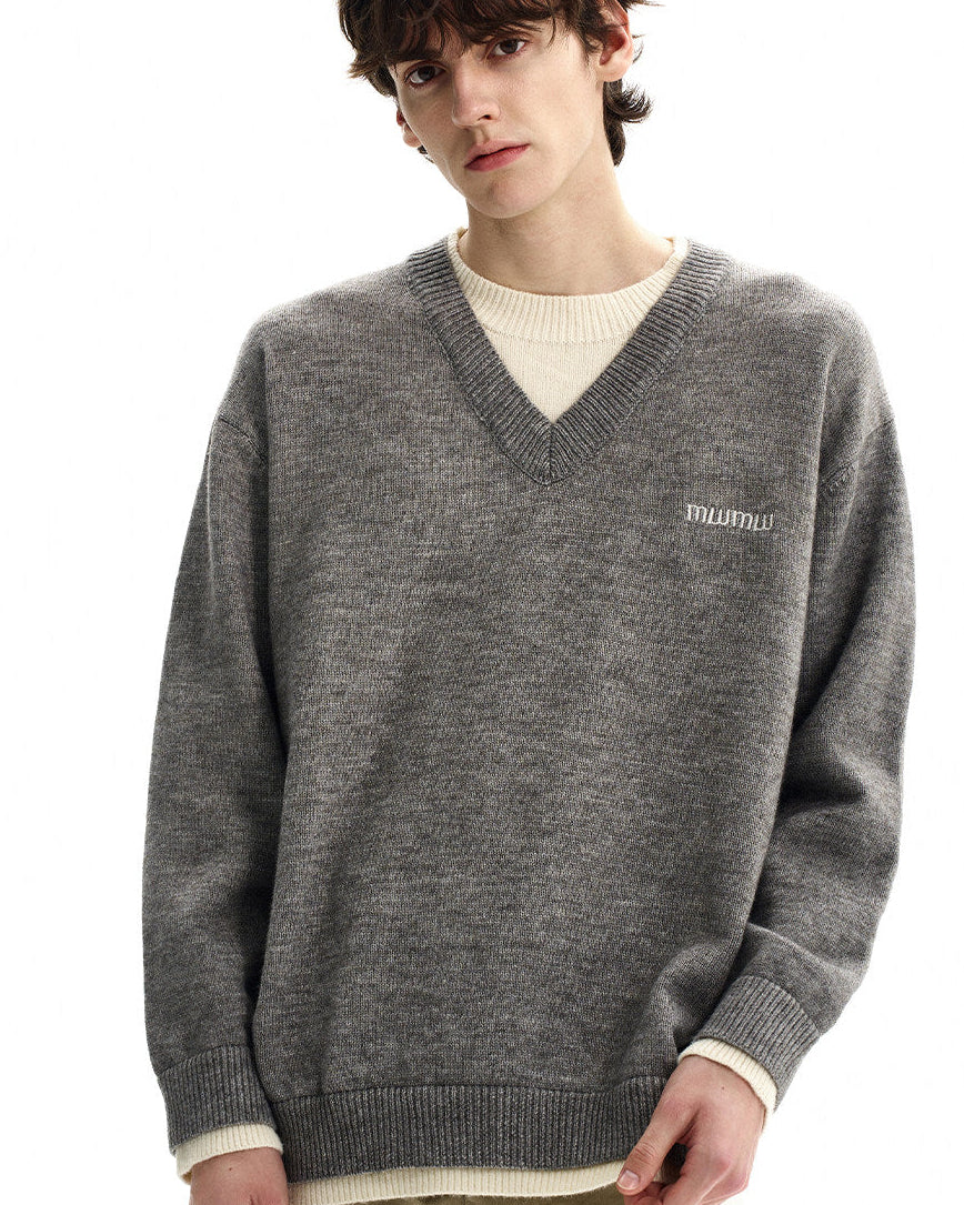 Heather Gray Wool Blend V-Neck Sweater