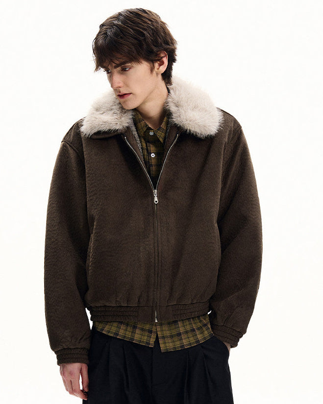 Textured Nylon Faux Fur Collar Jacket