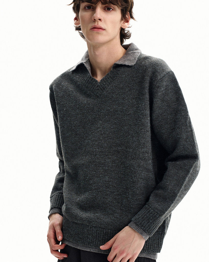 Collared V-Neck Merino Blend Knit Sweater
