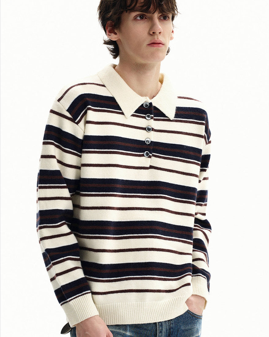 Striped Merino Knit Polo Sweater