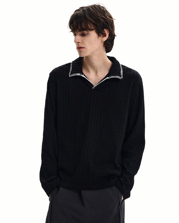 Textured Rib Knit Polo Top
