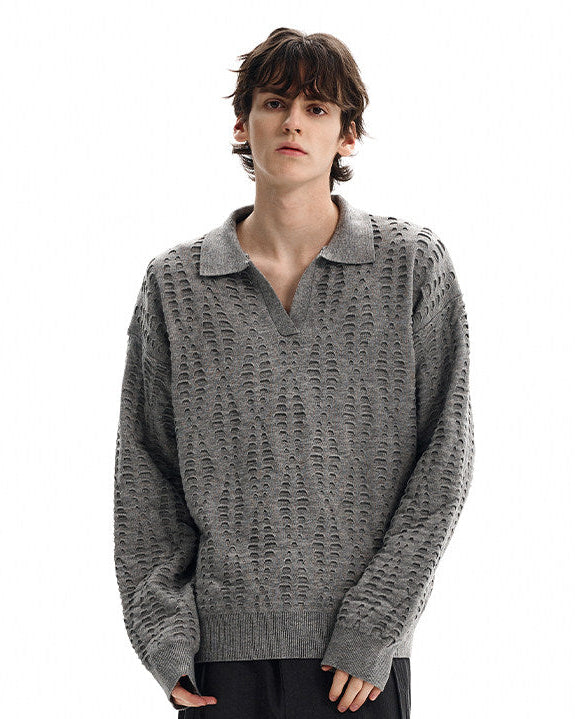 Textured Knit Polo Sweater