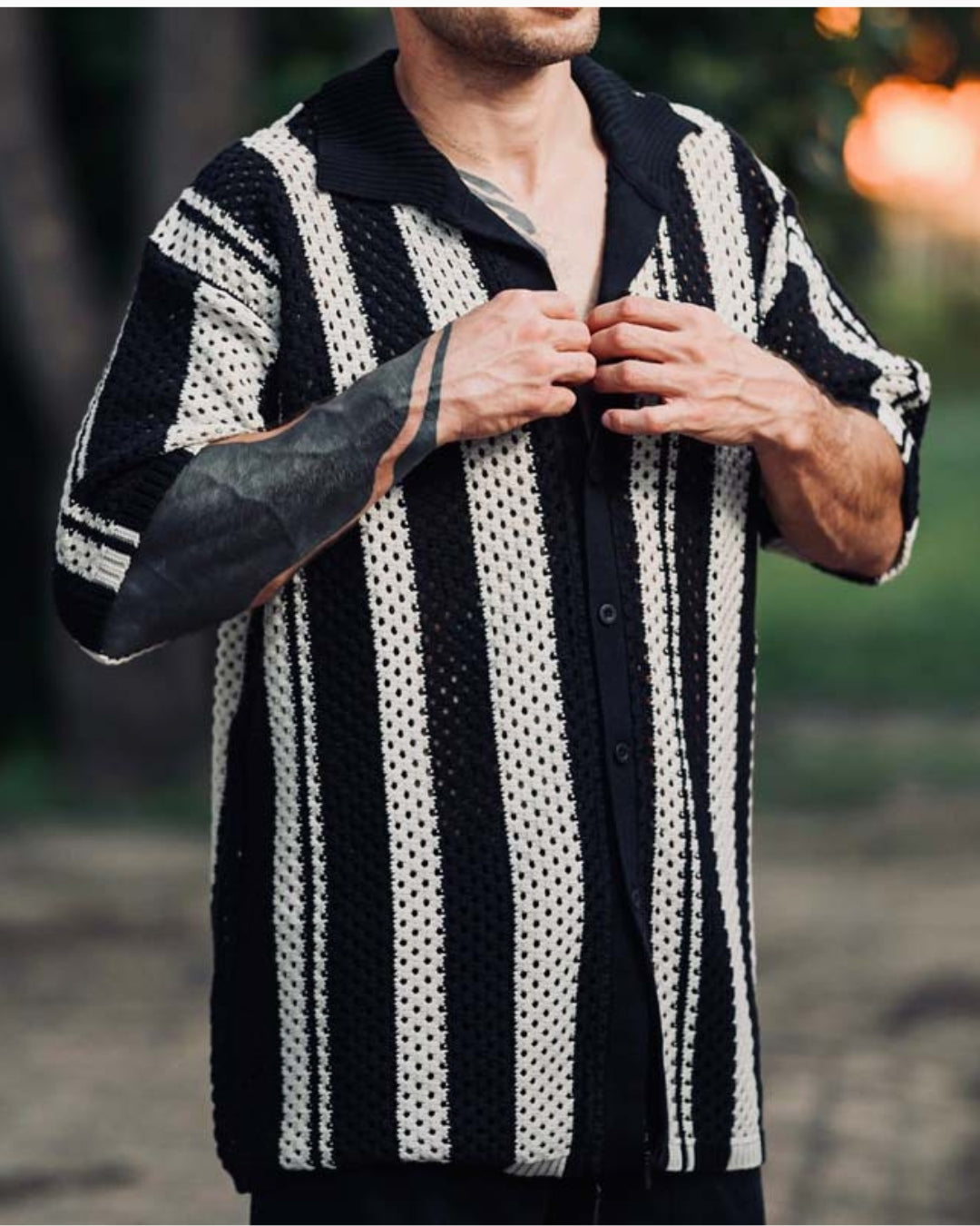 Monochrome Open‑Knit Stripe Shirt