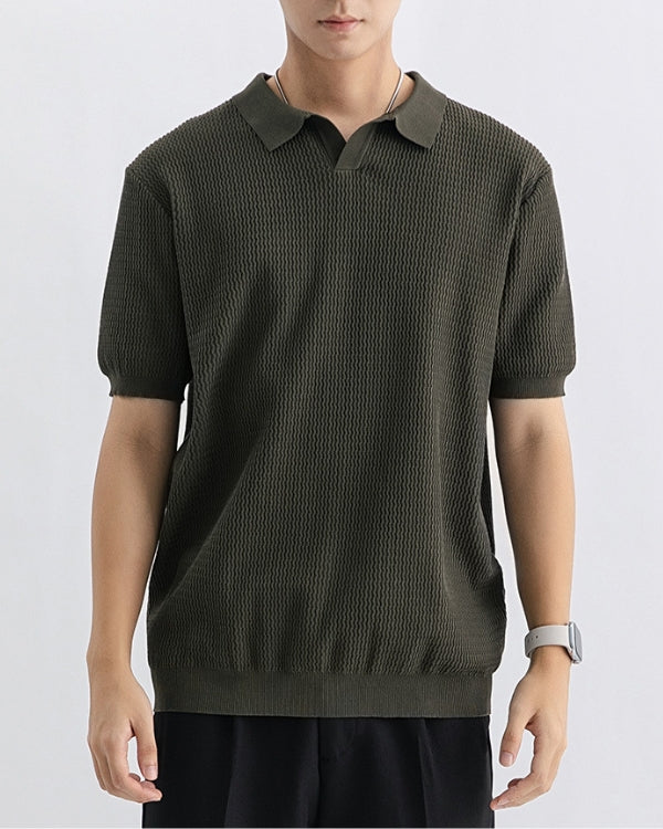 Textured Knit Open Polo Shirt