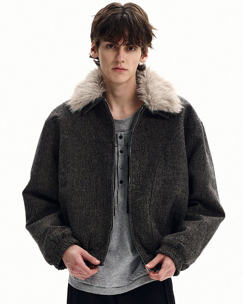 Wool-Blend Jacket with Faux Fur Collar