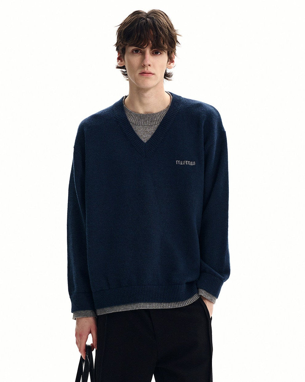 Heather Gray Wool Blend V-Neck Sweater