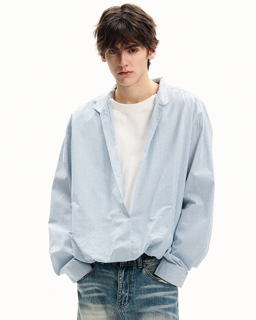 V-Neck Cotton Pinstripe Overshirt