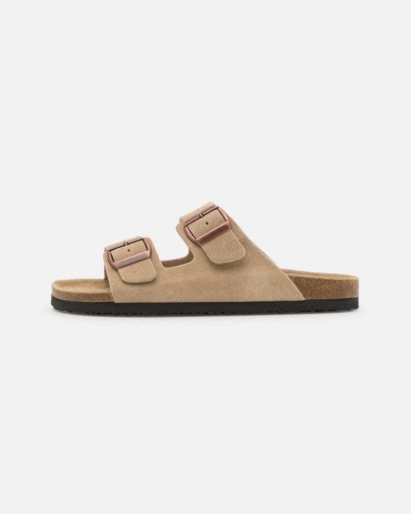 Double-Buckle Suede Sandals - Beige