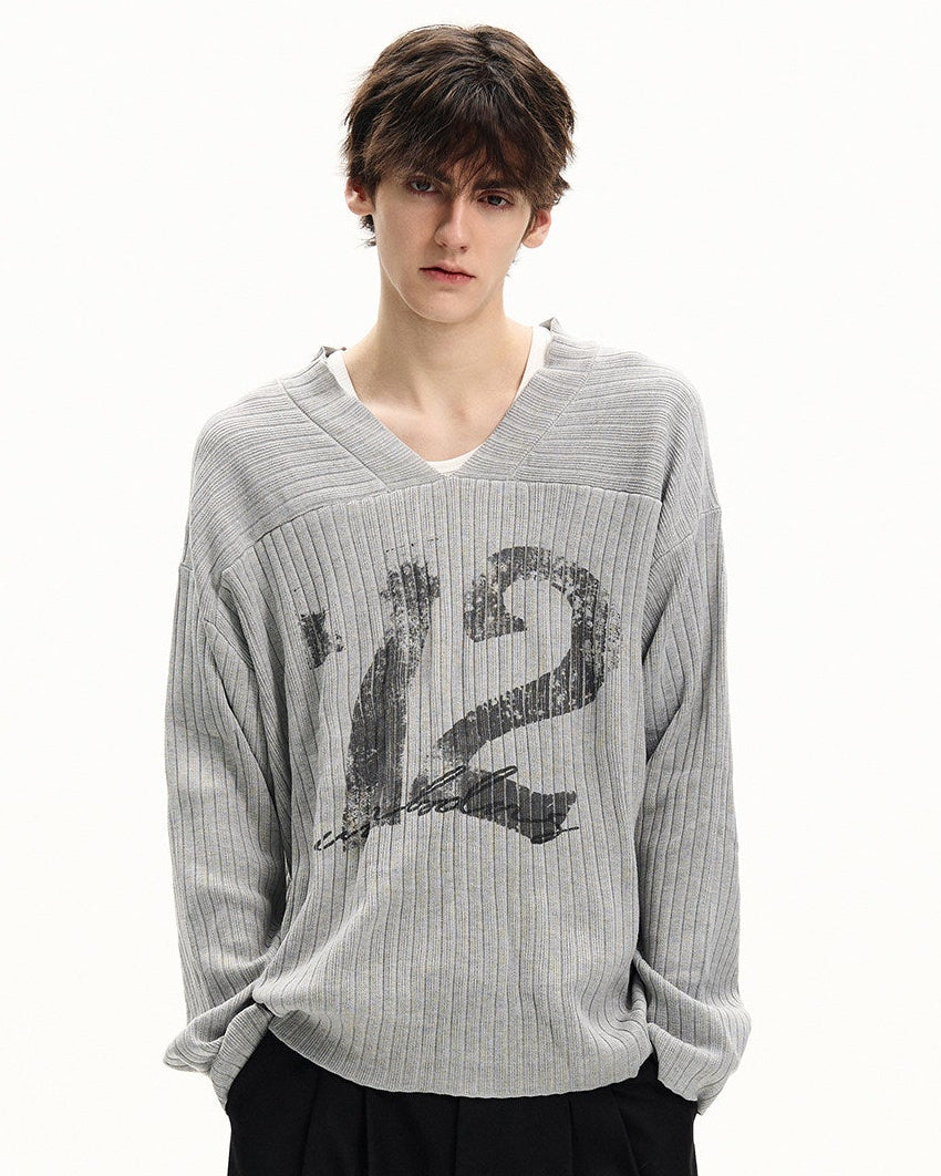 Ribbed Graphic V-Neck Sweater