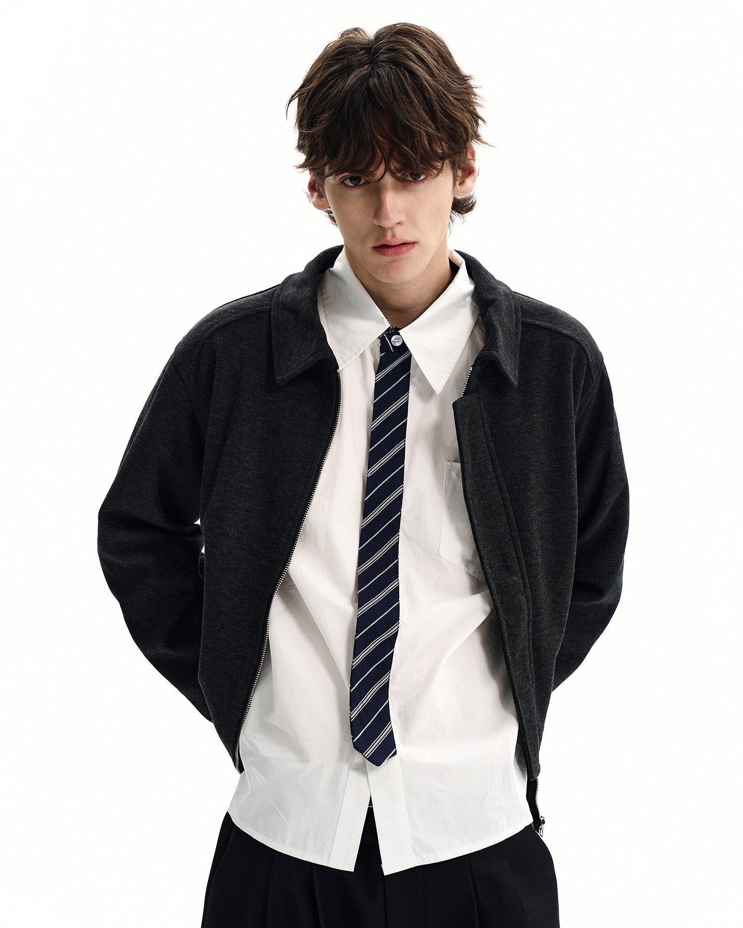 Collared Textured Cotton Zip Jacket