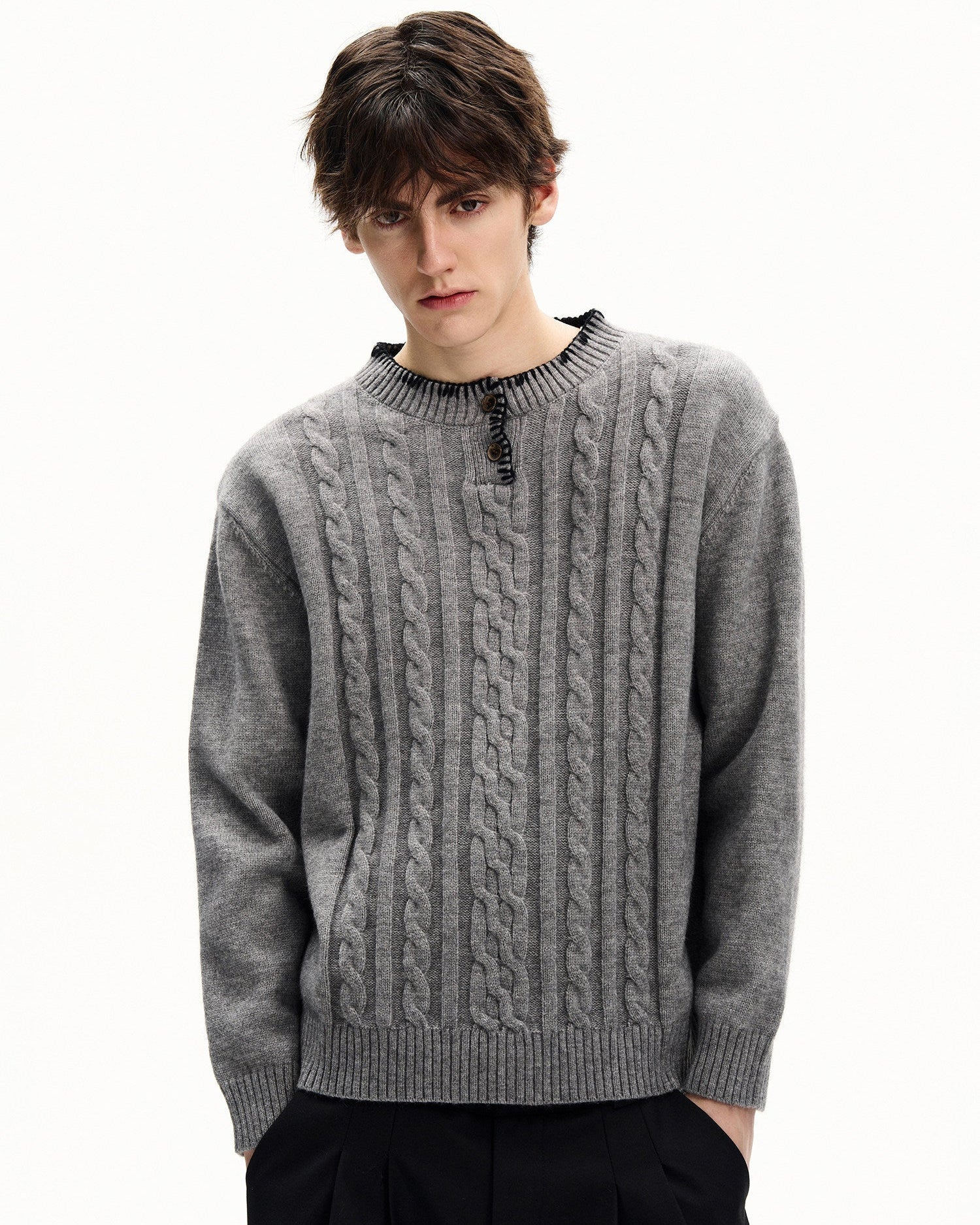 Cable Knit Wool Henley Sweater