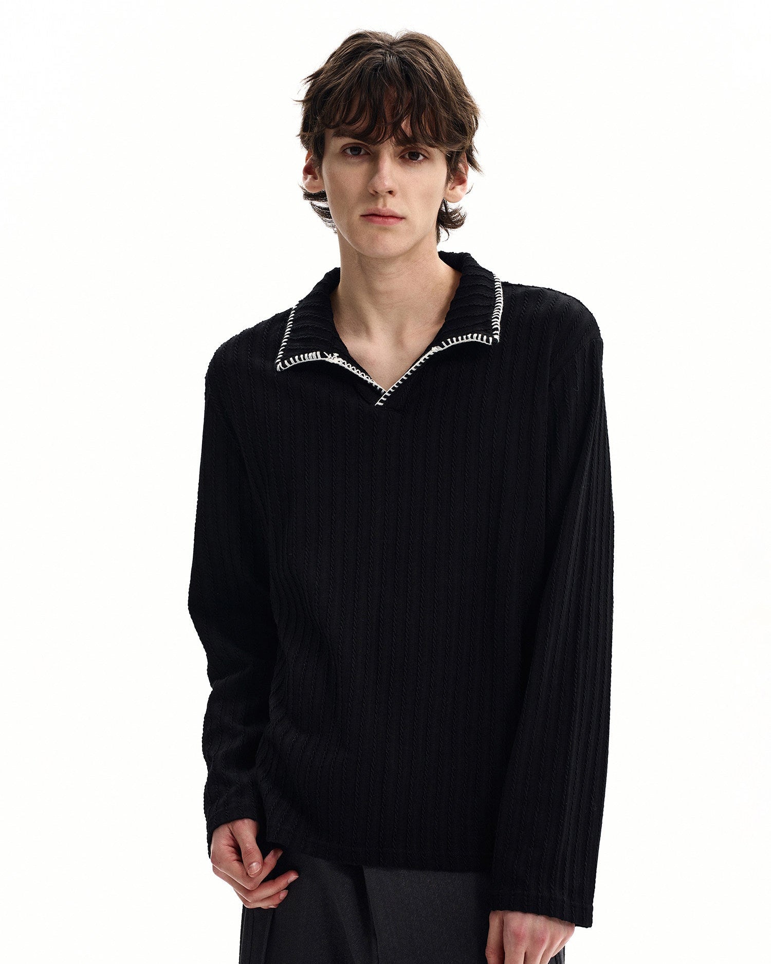 Textured Rib Knit Polo Top