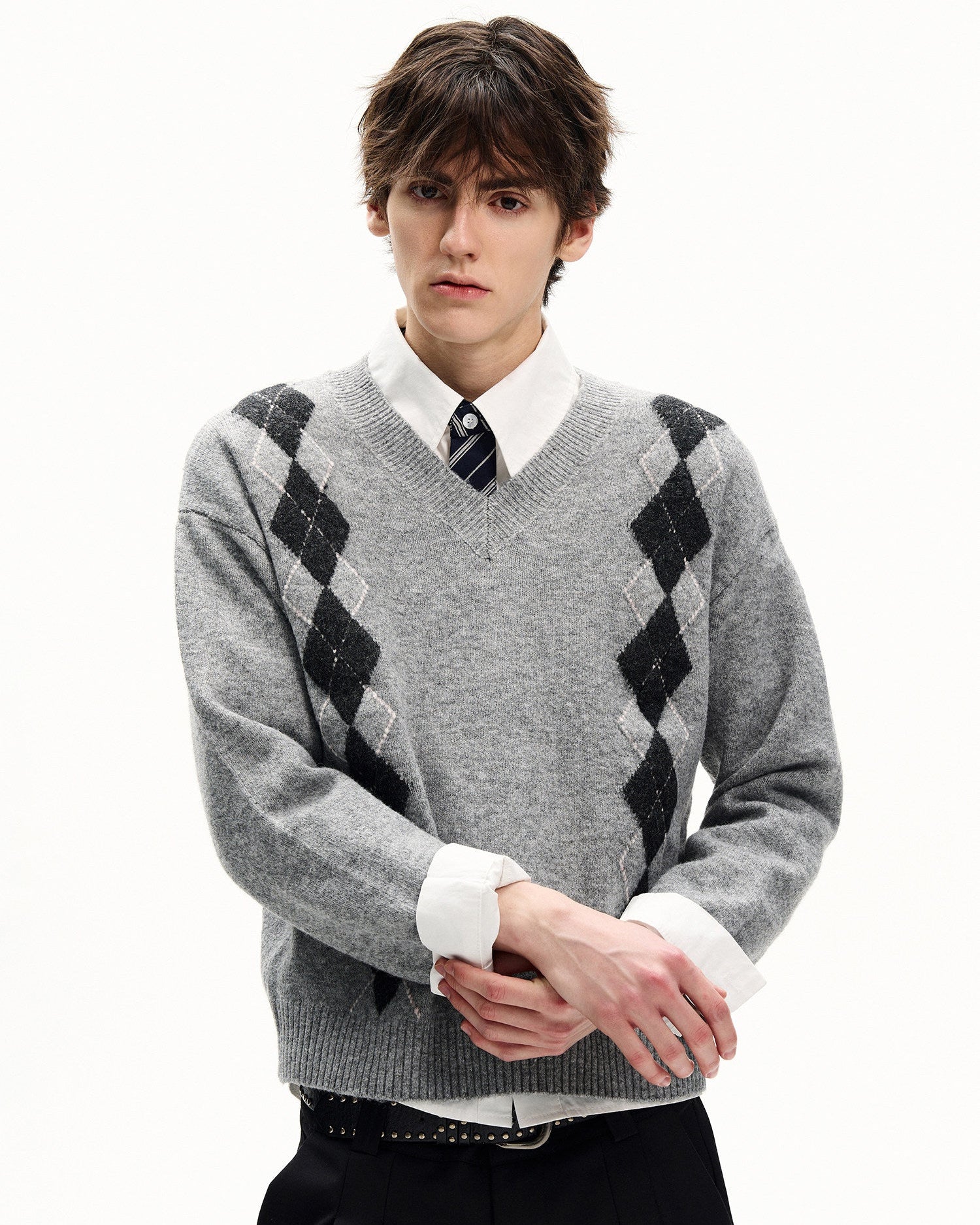 Argyle Wool Blend V-Neck Sweater