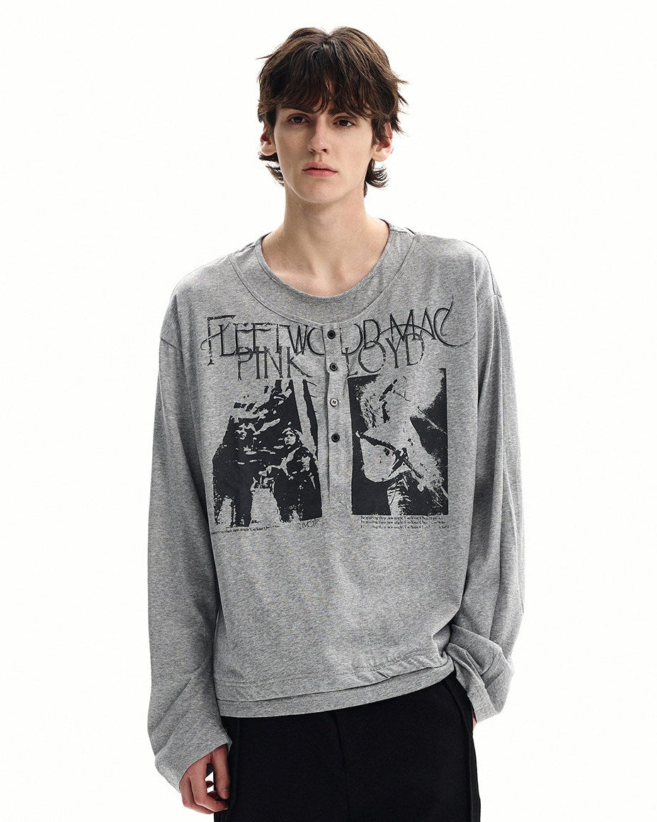 Cotton Graphic Henley Long Sleeve T Shirt