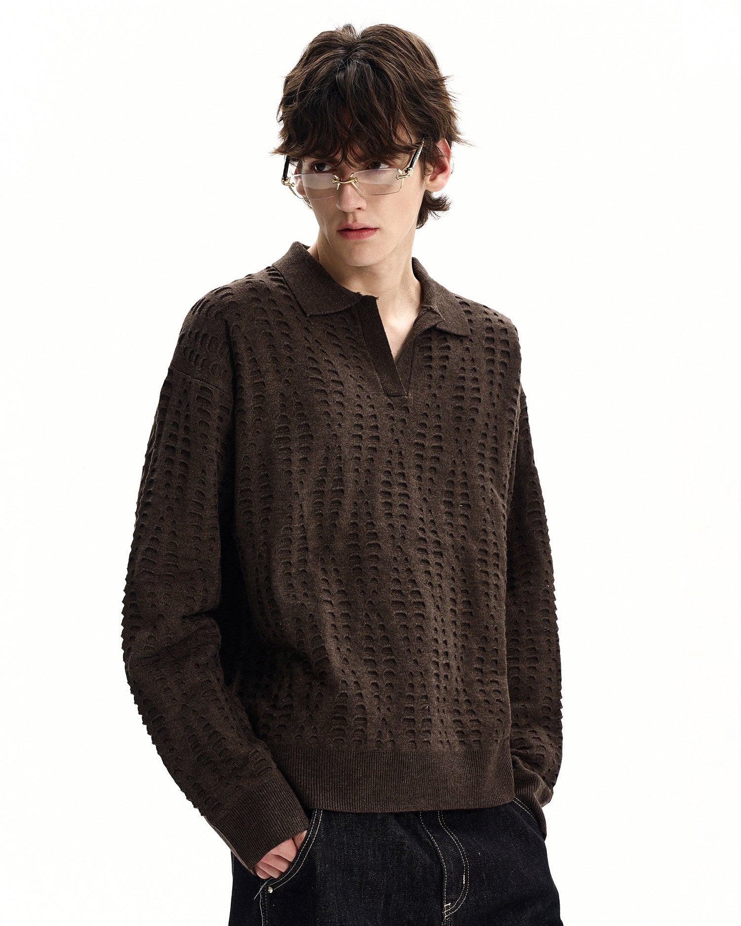 Textured Knit Polo Sweater