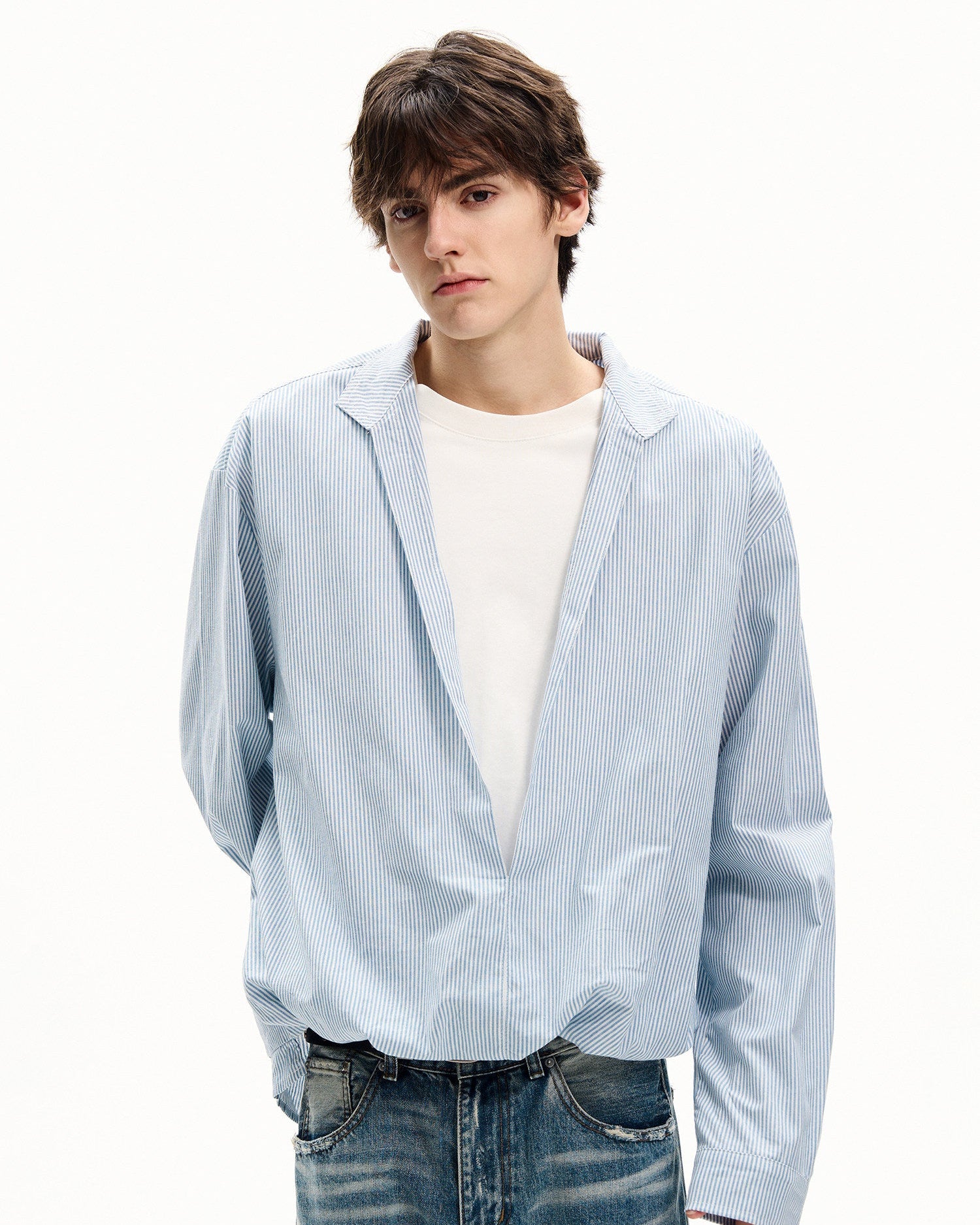 V-Neck Cotton Pinstripe Overshirt