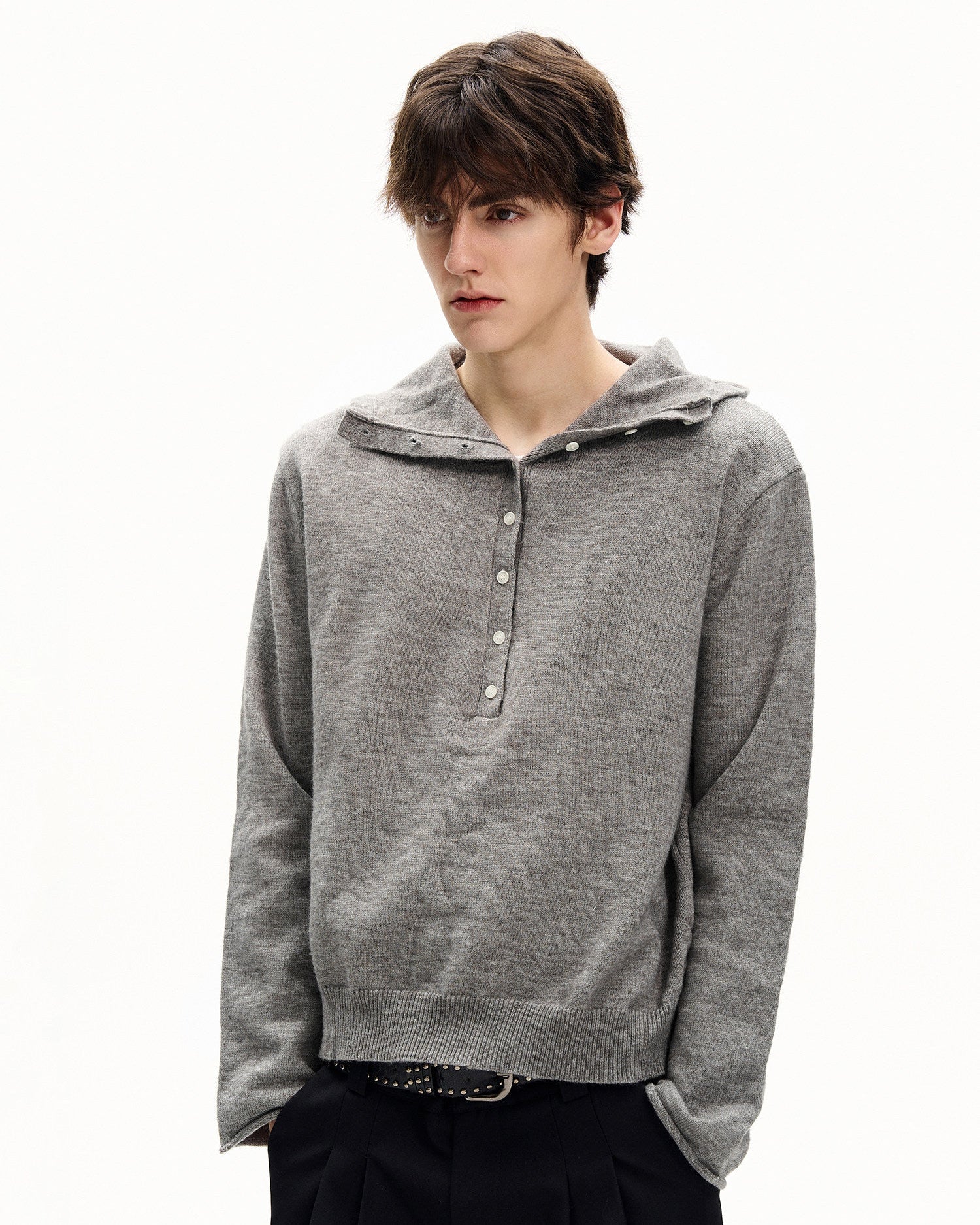 Heathered Knit Hooded Henley Sweater