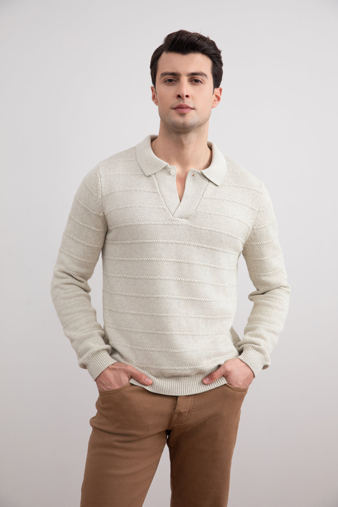 Beige gemêleerde gebreide open polo trui