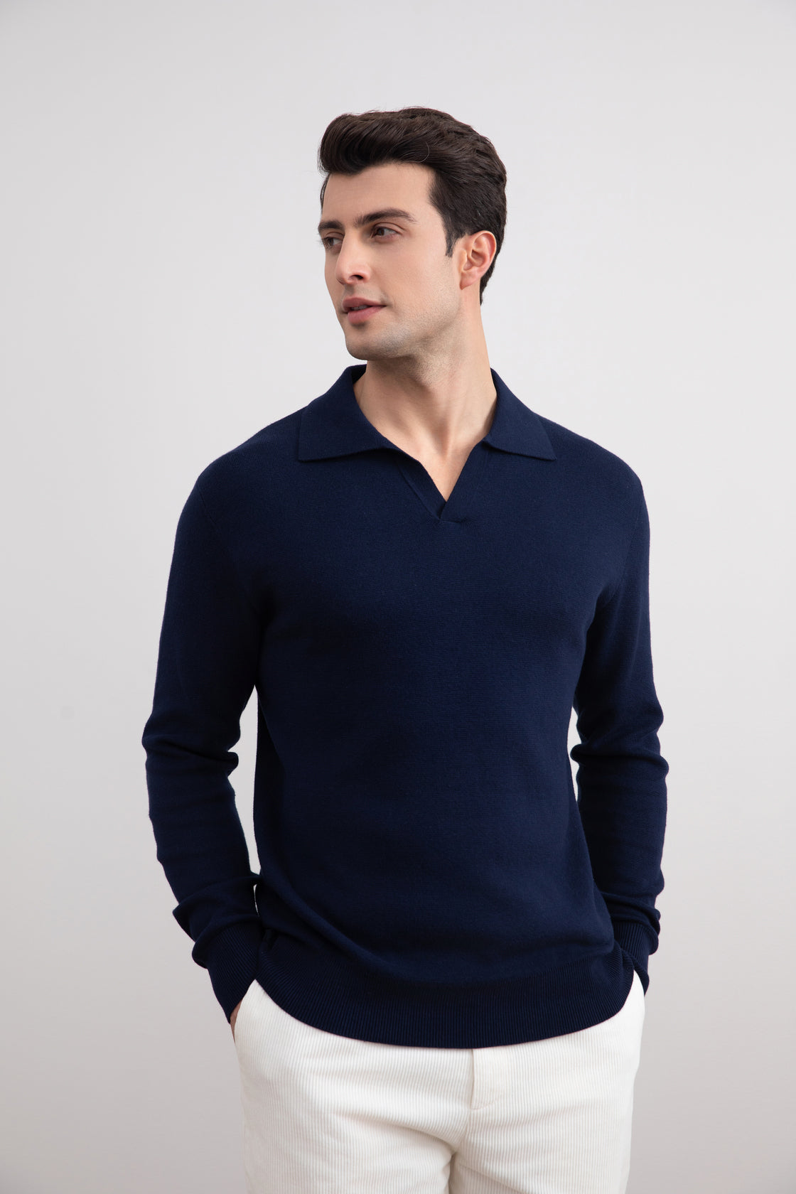 Blauwe open polo met lange mouwen