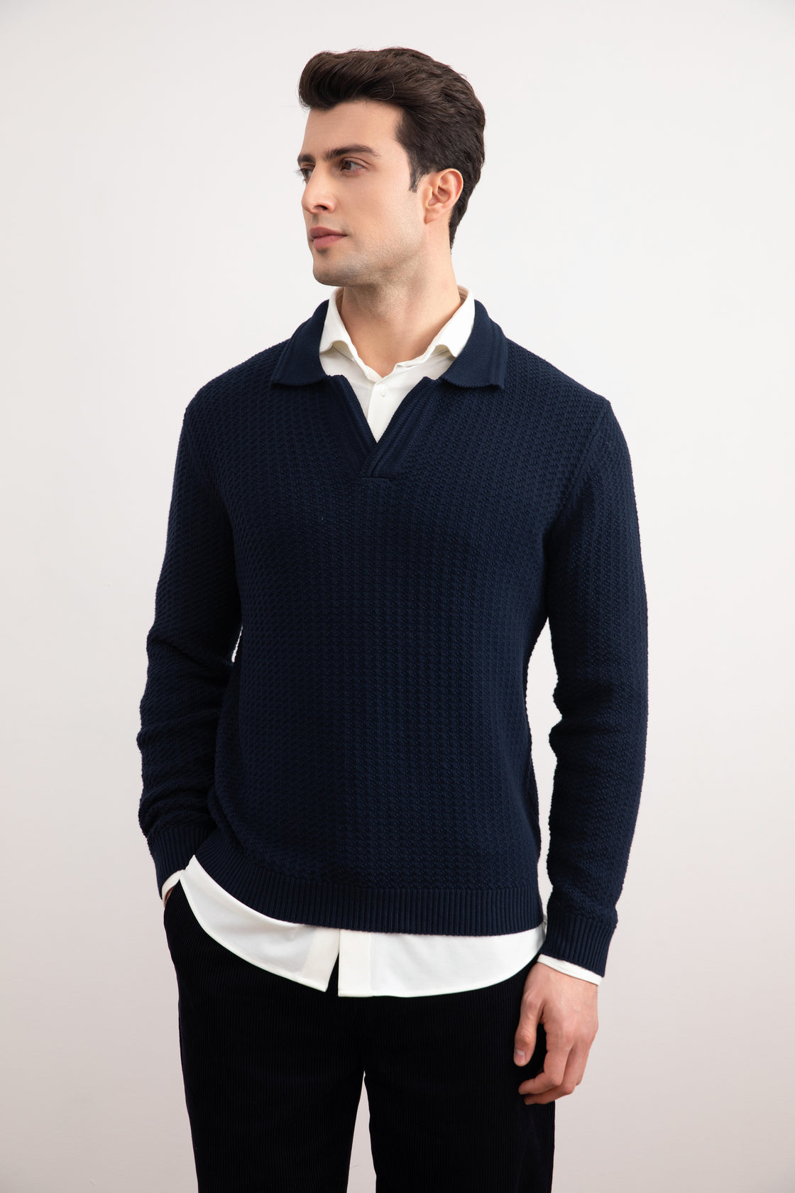 Navy open polotrui met structuur