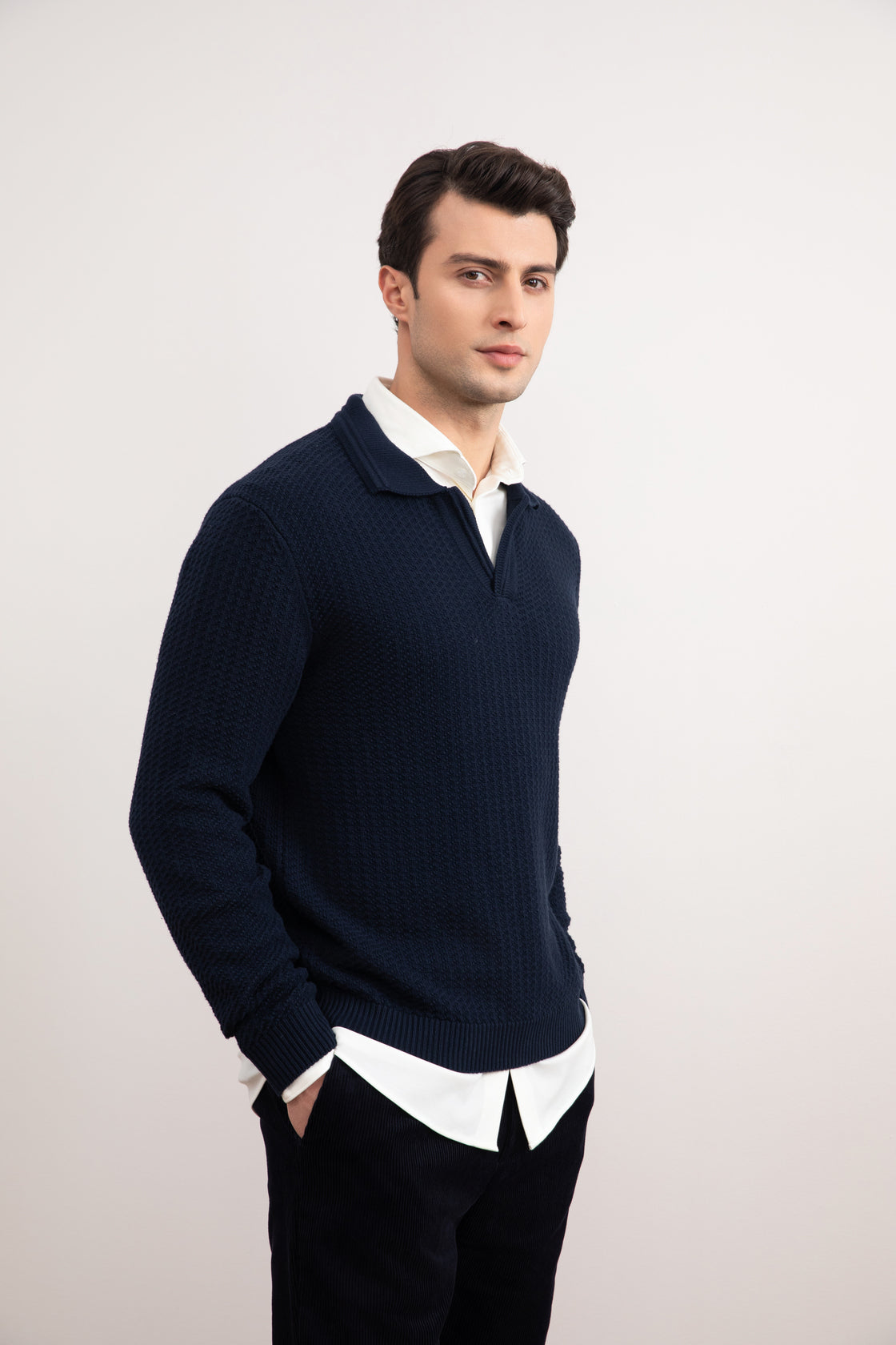 Navy open polotrui met structuur