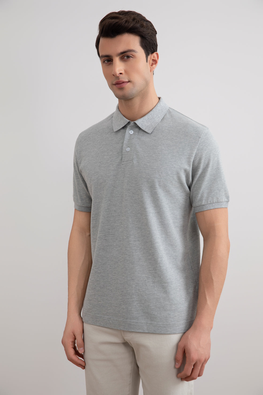 Grijs gemêleerd katoen-piqué poloshirt