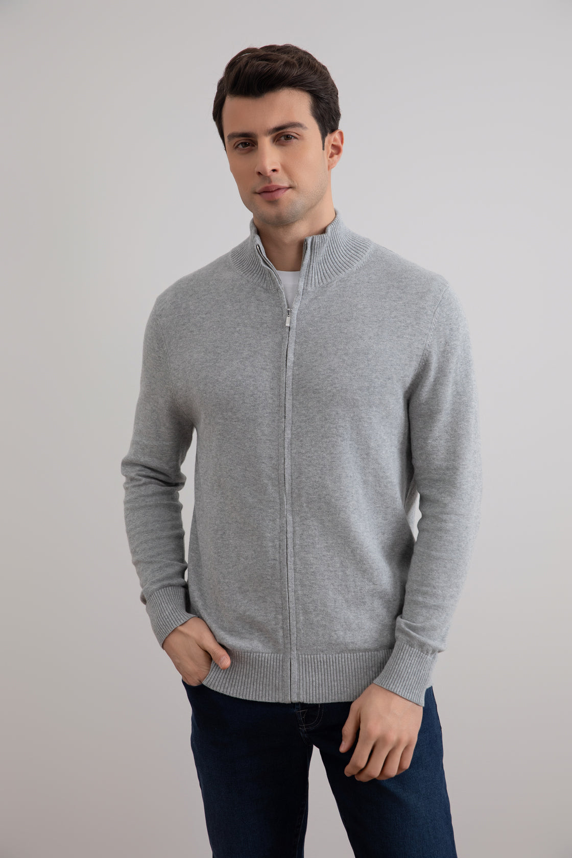 Klassische Strickjacke mit Reißverschluss in Grau Mélange